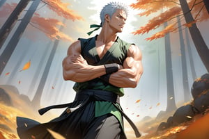 masterpiece, beautiful and aesthetic, ultra detail, intricate, 1male, solo, representation of the legendary martial artist, Roronoa Zoro features, detailed character design, (white hair), exquisite body, strong abdominal muscles, (golden armlet:1.2), (black half gloves), black martial arts belt, (black Hanfu, sleeveless), black lace-up ankle brace, (looking up), (crossed arms:1.5), dynamic pose, forests, mists, autumn leaves fluttering around