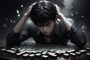 Dark Moody Atmosphere, {prompt}, dramatic, mysterious, dark moody atmosphere, masterpiece, beautiful and aesthetic, ultra detail, intricate, a man holding his head, in pain, losing a lot of money, mahjong table