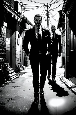 In a gritty, high-contrast monochrome setting, a pack of rough-around-the-edges Italian mafia thugs emerges from the shadows. Shoulders hunched, eyes narrowed, and fists clenched, they march down the desolate street with an air of menace. The stark black and grey hues amplify their menacing aura as they command attention, their heavy boots thudding on the pavement in unison like a rhythmic warning.