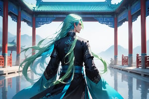 masterpiece, beautiful and aesthetic, ultra detail, intricate, solo, 1male, 25 years old, handsome, (long eyes, blue eyes), (long hair, Split-color Hair, Light Green Hair, Blue Hair), tall, (Han Chinese Clothing, black, flowing robe), (from behind:1.5), dynamic pose, heroic stance, creating a picturesque view of a heavenly palace, bathed in soft and ethereal light.