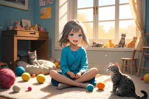 A young girl, likely around 6-8 years old, sits cross-legged on a soft carpeted floor, surrounded by scattered toys and a few stray cat hairs. She gently plays with a curious gray tabby cat, its paws batting at a ball of yarn as she laughs and giggles, her bright blue eyes sparkling with joy. The warm sunlight filters through the window, casting a gentle glow on the scene.