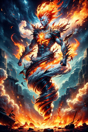 photographic, cinematic, super high detailed, super realistic image, 8k, HDR, super high quality image, master realistic image, perfect, detailed face, solo, (1boy), messy hair, orange hair, fury eyes, wore a red colored robe with glowing totemic embroidery, tribal tattoos, flame pentagram necklace, refined muscular body, tall, vibrant, detailed character design, reminiscent of fighting video games, full body shot, capturing the essence of ancient and immortality, dynamic, tiny maritime floating DonM3l3m3nt4l, smoke,