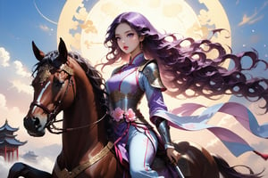 masterpiece, beautiful and aesthetic, ultra detail, intricate, In Chinese mythology, solo, 1girl, a heavenly guardian, big eyes, pink lips, pretty, long curly hair, purple hair, tall and thin, (Han Chinese Clothing, armor, pants), from side, dynamic pose, poised as if ready to gallop into battle, creating a picturesque view of a heavenly palace, bathed in soft and ethereal light.