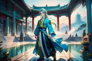masterpiece, beautiful and aesthetic, ultra detail, intricate, solo, 1male, 25 years old, handsome, (long eyes, blue eyes), (long hair, Split-color Hair, Light Green Hair, Blue Hair), tall, (Han Chinese Clothing, green), flowing robe, from view, dynamic pose, heroic stance, creating a picturesque view of a heavenly palace, bathed in soft and ethereal light.