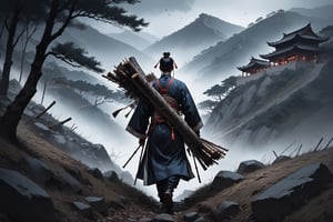 Dark Moody Atmosphere, {prompt}, dramatic, mysterious, dark moody atmosphere, masterpiece, beautiful and aesthetic, ultra detail, intricate, describes a woodcutter, carrying a pile of wood on his back, walking down the hillside from a steep mountain, hanfu, in ancient China