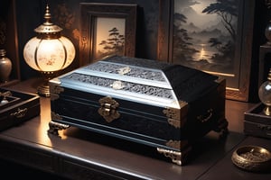 Dark Moody Atmosphere, {prompt}, dramatic, mysterious, dark moody atmosphere, masterpiece, beautiful and aesthetic, ultra detail, intricate, a delicate jewelry case on antique table, in the Asian second-hand goods shop, indoors