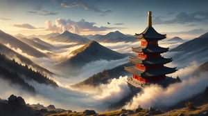 water, smoke, mountains, Chinese temple, clouds, birds, foggy, at Twilight, tilt shift, Cleancore, HDR, Mustafa Abdulhadi, involved in a project,  DonM3l3m3nt4l, 