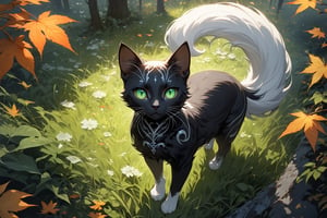 masterpiece, beautiful and aesthetic, ultra detail, intricate, 1cat, solo, (black body, white ears, white feet, white tail), detailed character design, elegant, divinity, mysterious, light green eyes, (from above, looking at viewer), standing on the grass, forests, mists, autumn leaves fluttering around