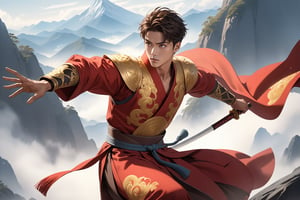 masterpiece, beautiful and aesthetic, ultra detail, intricate, solo, 1male, 25 years old, detailed character design, wide eyes, brown short hair, (brown skin), tall and strong, red Hanfu, golden totemic embroidery, armor, (shadowboxing pose), vibrant, on peak, mountains, mists