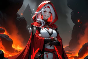 masterpiece, beautiful and aesthetic, ultra detail, intricate, 1female, 40 years old, detailed character design, sorceress, mysterious, (evil expression:1.5), (laugh:2), (a red mole on forehead:1.2), red eyes, hoop earrings, medium hair, (Split-color Hair, white Hair, red Hair), bangle, short stature, big breasts, red cloak, (hood up:1.5), (Taoist robe, pants, orange), (from side:1.5), dynamic pose, (Crossed Arms:1.2), standing on lava, smokey, mysterious colorful, magic effect