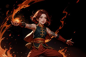 Chinese mythology, solo, 1female, monster_girl, short hair, dark red hair, grin, fangs, sexy lips, pointed ears, strong body, swarthy body, fire phoenix tattoo, (single wing behind), holding a mace, dark red vest, long pants, a heavenly guardian, its normally radiant aura now dimmed by mortal wounds, bursts into the grand hall with frantic urgency. The once-stalwart warrior's usually unyielding expression is replaced by a look of desperation as it rushes to convey crucial information to the gathered officials. In a chaotic flurry of motion, the injured god stumbles forward, its usually immaculate attire now disheveled and bloodied, Chinese martial arts animation style