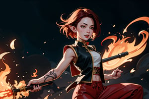 Chinese mythology, solo, 1female, monster_girl, short hair, dark red hair, a faint sneer of satisfaction crossedherface, fangs, sexy lips, pointed ears, strong body, swarthy body, fire phoenix tattoo, (single wing behind), holding a mace, dark red vest, long pants, Chinese martial arts animation style
