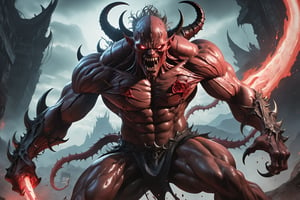 In a breathtaking, UHD anime-style illustration, a monstrous, flesh-mutant 6-demon stands tall in a wide-angle composition. The demon's scarred face contorts into a fierce expression, with ghostly eyes glowing menacingly from beneath its brow. A mouth full of razor-sharp teeth forms a grotesque maw, as it brandishes a gleaming cutlass. Guiverring tumors sprout from its muscular physique like twisted, crimson roses. Against a dramatic backdrop of chaos and battle-scarred terrain, the demon embodies the untamed spirit of the wild, radiating vibrant energy in a dynamic pose that captures the essence of an action-packed fighting game.