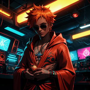 In a dimly lit, neon-lit cyberpunk radio studio, a lone figure stands out against the dark backdrop. The solo subject, a boy with short, vibrant orange hair, dons sunglasses and wraps himself in a striking red robe, adorned with intricate flame tattoos and a pentagram necklace that glimmers under the studio's faint lighting. With an air of cool confidence, he spins tunes for listeners on the radio, surrounded by futuristic gadgets and a majestic Taiji symbolizing destiny, subtly hinting at the mysterious forces guiding his life as a radio DJ.