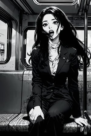 Boichi manga style, monochrome, greyscale, solo, a young lady, long hair, trouser suit, she was sitting in the train compartment, surprised eyes, open mouth, a finger point to the ground, ((masterpiece))