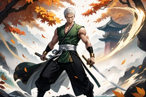 masterpiece, beautiful and aesthetic, ultra detail, intricate, 1male, solo, representation of the legendary martial artist, Roronoa Zoro features, detailed character design, serious expression, (white hair), exquisite body, strong abdominal muscles, (golden armlet:1.2), (black half gloves), black martial arts belt, (black Hanfu, sleeveless), black lace-up ankle brace, (he wields a single golden broadsword, unique and finely detailed), dynamic pose, he stands tall and resolute, exuding an air of strength and unwavering determination. Chinese martial arts animation style, autumn leaves fluttering around, Inspired by Chinese mythology story