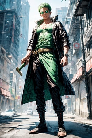 solo, Roronoa Zoro, the iconic character from the One Piece anime: "Generate a striking and highly detailed visual representation of the legendary martial artist, Roronoa Zoro, from the One Piece anime. Zoro is known for his distinctive appearance and formidable skills. His hair is a vibrant shade of green, complementing his determined brown eyes. He stands tall and resolute, exuding an air of strength and unwavering determination. Zoro is clad in his signature green outfit, complete with a white haramaki and a bandana. In his skilled hands, he wields a long staff, unique and finely detailed. The long staff should be a reflection of his mastery and the essence of his character. This image should capture the essence of Zoro's iconic appearance, showcasing his powerful presence and his status as one of the most beloved characters in the One Piece series, full body shot. " Photographic cinematic super high detailed super realistic image, 8k HDR super high quality image, masterpiece, perfect eyes, Zoro, ((perfect hands)), ((super high detailed image)), ((perfect long staff)), white background
