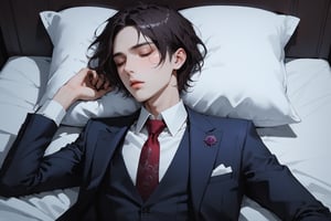 lovecraftian horror {prompt} . eldritch, cosmic horror, unknown, mysterious, surreal, highly detailed, masterpiece, beautiful and aesthetic, ultra detail, intricate, 1male, solo, 23 years old, detailed character design, delicate face, blush, eyes half closed, (have a drowsy look), brown short hair, dark blue suit, white shirt, red tie, (top down view:1.5), dynamic pose, bold gestures, lying on bed, in the bedroom