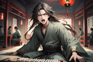 Dark Moody Atmosphere, {prompt}, dramatic, mysterious, dark moody atmosphere, masterpiece, beautiful and aesthetic, ultra detail, intricate, 1male, solo, 23 years old, detailed character design, delicate face, (panic expression), (light green eyes, big eyes), (open mouth, screaming), brown long hair, gray hanfu, dynamic pose, action packed, (sitting on the ground), indoors, clients background, crowded, noise, in the large mahjong house, ancient China