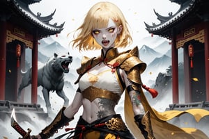 masterpiece, beautiful and aesthetic, ultra detail, intricate, 1girl, badass, mythical creature, solo, detailed character design, fierce expression, (mouth full of sharp teeth), (a deep knife scar across her face), ghostly eyes, (nose ring), (short hair, blunt bangs, golden hair), (white skin, pale skin), flowers tattoos on body, barefoot, small body, slender waist, (deep knife scars on arms), golden hooded cape, (Hanfu, red midriff, yellow pants), (gauntlet:1.5), upper body, dynamic pose, embodying the spirit of the wild, Chinese martial arts animation style, Inspired by Chinese mythology story, mountains, mist, Chinese temples