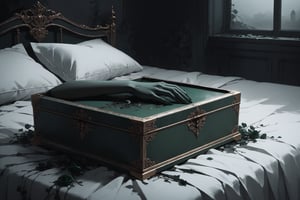 Dark Moody Atmosphere, {prompt}, dramatic, mysterious, dark moody atmosphere, masterpiece, beautiful and aesthetic, ultra detail, intricate, A pair of dismembered hands were abandoned on a white bed, with a delicate and small dark green box next to it.