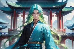 masterpiece, beautiful and aesthetic, ultra detail, intricate, solo, 1male, 25 years old, handsome, (long eyes, blue eyes), (long hair, Split-color Hair, Light Green Hair, Blue Hair), tall, (Han Chinese Clothing, black, flowing robe), dynamic pose, heroic stance, creating a picturesque view of a heavenly palace, bathed in soft and ethereal light.