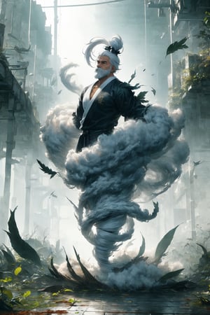 hyper detailed masterpiece, dynamic, awesome quality,large tempestuous DonM3l3m3nt4l, customized,comforting,steam,rustling leaves,canopy,sin,deteriorate,tenebrous, solo, 1gentleman, oriental, long gray beard, gray hair, Taoist robe, with bun accessories, Handsome boy, DonM3l3m3nt4l