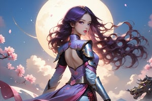 masterpiece, beautiful and aesthetic, ultra detail, intricate, In Chinese mythology, solo, 1girl, a heavenly guardian, big eyes, pink lips, pretty, long curly hair, purple hair, tall and thin, (Han Chinese Clothing, armor, pants), from behind, dynamic pose, poised as if ready to gallop into battle, creating a picturesque view of a heavenly palace, bathed in soft and ethereal light.