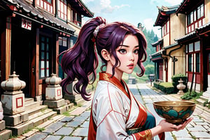 In Chinese mythology, solo, 1girl, big eyes, pink lips, pretty, joy, long curly hair, purple hair, ponytail, tall and thin, hanfu, holding a big bowl, ceramic, dynamic pose, ancient street in the background, outdoors, ancient China style, boichi manga style