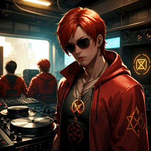 exquisite details and texture, detailed face, anatomy correct, best quality, ultra detailed, photorealistic, solo, 1 male, short hair, orange hair, sunglasses, wore a pair of headphones, red colored robe, cool, flame tattoos, flame pentagram necklace, he was a radio DJ, play music in a tiny closed radio studio, Taiji symbolizing in the background, front view, upper body, Cyberpunk style