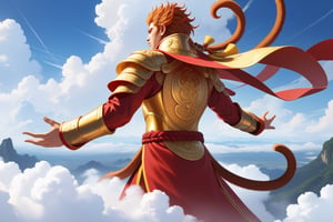 masterpiece, beautiful and aesthetic, ultra detail, intricate, 1male, solo, Monkey King, (monkey features:1.5), detailed character design, red hafu, golden armor, (far away shot:1.5), (back view:1.5), dynamic pose, (spread arms:1.5), (standing on clouds:1.5), sky, clouds 