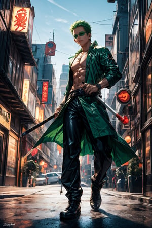solo, Roronoa Zoro, the iconic character from the One Piece anime: "Generate a striking and highly detailed visual representation of the legendary martial artist, Roronoa Zoro, from the One Piece anime. Zoro is known for his distinctive appearance and formidable skills. His hair is a vibrant shade of green, complementing his determined brown eyes. He stands tall and resolute, exuding an air of strength and unwavering determination. Zoro is clad in his signature green outfit, complete with a white haramaki and a bandana. In his skilled hands, he wields a long staff, unique and finely detailed. The long staff should be a reflection of his mastery and the essence of his character. This image should capture the essence of Zoro's iconic appearance, showcasing his powerful presence and his status as one of the most beloved characters in the One Piece series, full body shot, leaves fluttering around, bokeh effect on background foliage,. " Photographic cinematic super high detailed super realistic image, 8k HDR super high quality image, masterpiece, perfect eyes, Zoro, ((perfect hands)), ((super high detailed image)), ((perfect long staff)), 