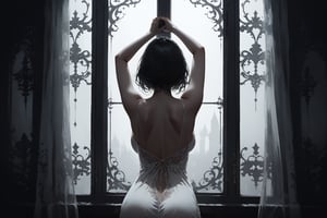 Dark Moody Atmosphere, {prompt}, dramatic, mysterious, dark moody atmosphere, masterpiece, beautiful and aesthetic, ultra detail, intricate, describes a window scene, the silhouette of a girl, pale, curvaceous, slender waist, perfect buttocks, white nightgown, (from back:1.5), (arms up:1.5)