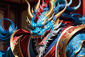 masterpiece, beautiful and aesthetic, ultra detail, intricate, [1man:Chinese dragon head:5], 55 years old, detailed character design, domineering, (messy blue hair, red mane), (fatty:1.5), golden dragon robe, upper body, dynamic pose, Inspired by Chinese mythology story, dragon palace, 2D anime style