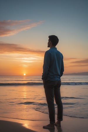 full body portrait of a person, standing in profile, with their back to the viewer, gazing out at a breathtaking sunset over a tranquil ocean