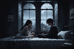 Dark Moody Atmosphere, {prompt}, dramatic, mysterious, dark moody atmosphere, masterpiece, beautiful and aesthetic, ultra detail, describes a window scene, (from the street:1.5), there is a dark silhouette of couple cuddling in the window, nightgown, midnight