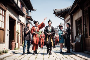 masterpiece, best quality, ultra, UHD, detailed character design, a group of people, 5men, 5women, glad, joy, laugh, (hanfu),  straight on, random standing, bold gestures, dynamic pose, action-packed, ancient street background, ancient China style, boichi manga style