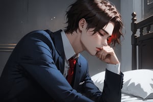 Dark Moody Atmosphere, {prompt}, dramatic, mysterious, dark moody atmosphere, masterpiece, beautiful and aesthetic, ultra detail, intricate, 1male, solo, 23 years old, detailed character design, delicate face, blush, eyes half closed, (have a drowsy look), brown short hair, dark blue suit, white shirt, red tie, (side view:1.5), dynamic pose, bold gestures, sitting on bed, in the bedroom