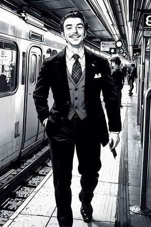 boichi manga style, monochrome, greyscale, solo, a young man, he is Walt Disney, the founder of Disneyland, slicked hairstyle, mustache, traditional plaid suit, (he is geting off from the train), smile, happy, (dynamic), looking at train station, full body shot, outdoor, ((masterpiece)) 