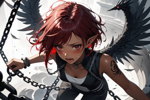 masterpiece, beautiful and aesthetic, ultra detail, intricate, Chinese mythology, solo, 1female, monster_girl, (fear, grief), short hair, dark red hair, (facial marks), fangs, (crying, teary), (pointed ears), (dark skin), weak body, (number tattoo), (a single wing behind:1.5), black vest, long pants, (overhead shot:1.5), sharp focus, dynamic pose, ((shackles, chains)), dramatic lighting, (in the huge hole, dark hole), Inspired by Chinese mythology story