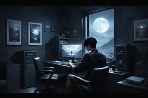 Dark Moody Atmosphere, {prompt}, dramatic, mysterious, dark moody atmosphere, masterpiece, beautiful and aesthetic, ultra detail, intricate, describes a thin Asian man sitting at a computer desk, playing video games, bedroom, window, moonlight