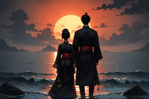 Dark Moody Atmosphere, {prompt}, dramatic, mysterious, dark moody atmosphere, full body portrait of couple, silhouette, Chinese clothing, with their back to the viewer, gazing out at a breathtaking sunset over a tranquil ocean