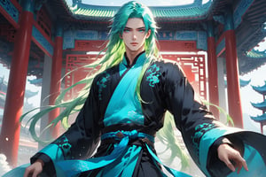 masterpiece, beautiful and aesthetic, ultra detail, intricate, solo, 1male, 25 years old, handsome, (long eyes, blue eyes), (long hair, Split-color Hair, Light Green Hair, Blue Hair), tall, (Han Chinese Clothing, black, flowing robe), wide angle view, dynamic pose, heroic stance, creating a picturesque view of a heavenly palace, bathed in soft and ethereal light.