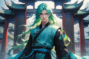 masterpiece, beautiful and aesthetic, ultra detail, intricate, solo, 1male, 25 years old, handsome, (long eyes, blue eyes), (long hair, Split-color Hair, Light Green Hair, Blue Hair), tall, (Han Chinese Clothing, black, flowing robe), upper body, dynamic pose, heroic stance, creating a picturesque view of a heavenly palace, bathed in soft and ethereal light.