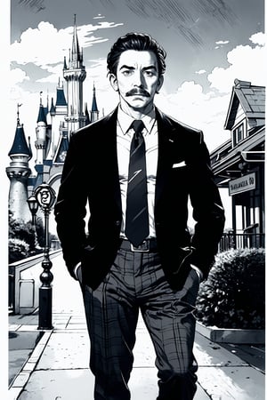 boichi manga style, monochrome, greyscale, solo, a young man, he is Walt Disney, the founder of Disneyland, slicked hairstyle, mustache, traditional plaid suit, his hands emptying his pockets to show that he has no money, full body shot, a country station background, ((masterpiece)) 