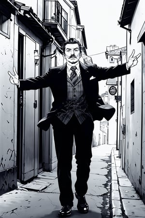boichi manga style, monochrome, greyscale, solo, a young man, he is Walt Disney, the founder of Disneyland, slicked hairstyle, mustache, traditional plaid suit, open his arms, (dynamic), full body shot, in a corner of an alley, outdoor, ((masterpiece)) 