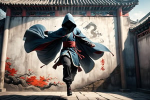 DonM5h4d0w5XL, masterpiece, extreme quality, ultra detailed, intricate, UHD, HDR, Chinese martial arts animation style, dramatic with an air of mystery and intrigue, shadow on a ancient China wall, a hooded cloak, dynamic pose, (jump up, in the air:1.5), split-second freeze-frame, from side, outdoors, ancient China street, mysterious colorful background, 