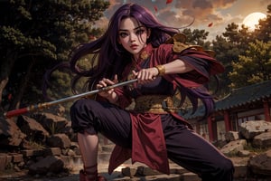 In Chinese mythology, solo, 1girl, beauty, big eyes, pink lips, long curly hair, purple hair, tall and thin, warrior, armor, long robe, dynamic pose, action-packed, practice Kung Fu, Chinese martial arts, outdoors, under sunshine, ancient China style, boichi manga style