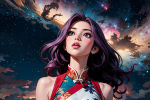 In Chinese mythology, solo, 1girl, big eyes, pink lips, pretty, long curly hair, purple hair, tall and thin, china dress, upper body, gazing up at a night sky filled with stars, nebula, ancient China style, boichi manga style