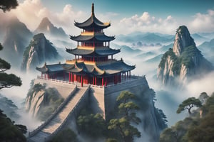 masterpiece, extreme quality, ultra detailed, intricate, UHD, HDR,
creating a picturesque view of a Chinese temple atop hill, surrounded by mountains and misty smoke, Inspired by Chinese mythology story, 2D anime style